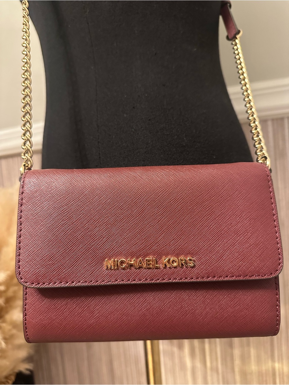 Michael Kors Burgundy Saffiano Leather Chain Crossbody Wallet Bag NWOT